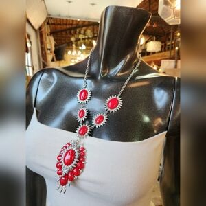 Red Statement Necklace with Earrings Set